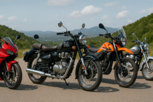 Five rental bikes lined up in Shimla including Royal Enfield, Himalayan, and sport bikes for Spiti Valley trips.