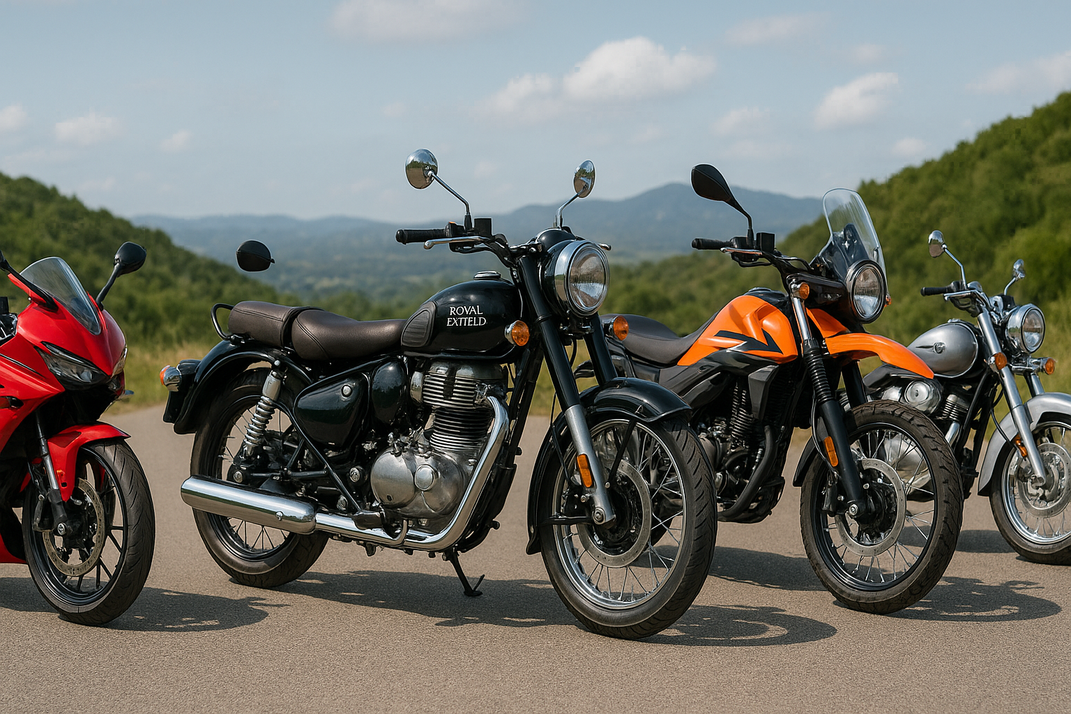 Five rental bikes lined up in Shimla including Royal Enfield, Himalayan, and sport bikes for Spiti Valley trips.