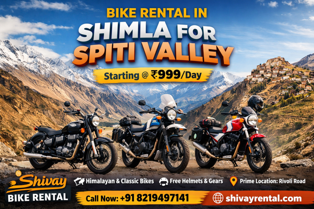 Royal Enfield Himalayan bike available for rent in Shimla, parked with scenic Himalayan mountains on the way to Spiti Valley.