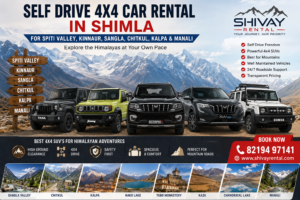 Self-drive 4x4 SUVs including Mahindra Thar, Maruti Jimny, Scorpio N, XUV700, and Force Gurkha available for rent in Shimla for road trips to Spiti Valley, Kinnaur, Sangla, Chitkul, Kalpa, and Manali by Shivay Rental.