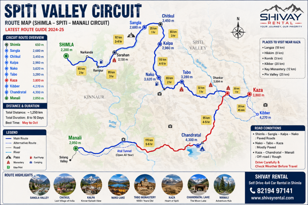Detailed Spiti Valley Circuit Route Map showing the self-drive road trip from Shimla to Sangla, Chitkul, Kalpa, Nako, Tabo, Dhankar, Kaza, Kibber, Chandratal, and Manali with distances, travel times, and major attractions by Shivay Rental.