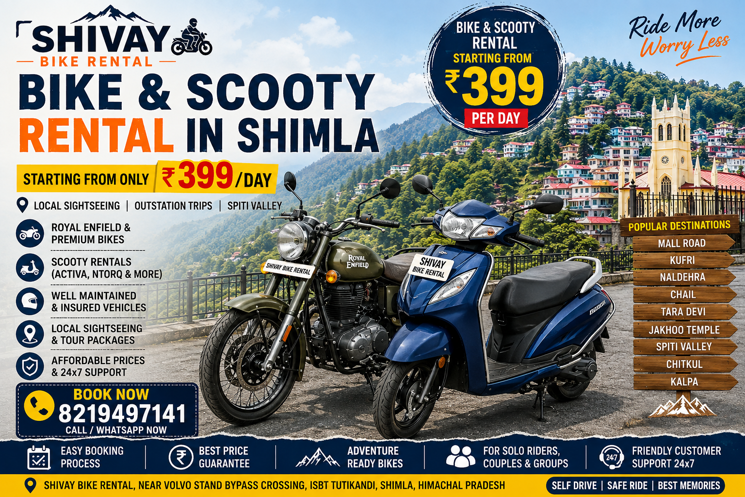 Shivay Bike Rental in Shimla offering Royal Enfield bikes and scooty rentals starting from ₹399/day for local sightseeing, Spiti Valley tours, and self-drive motorcycle rentals in Himachal Pradesh.