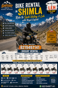 Royal Enfield Himalayan bike rental in Shimla with Leh drop service by Shivay Bike Rental for Spiti Valley, Kinnaur, Manali, and Leh Ladakh road trips.