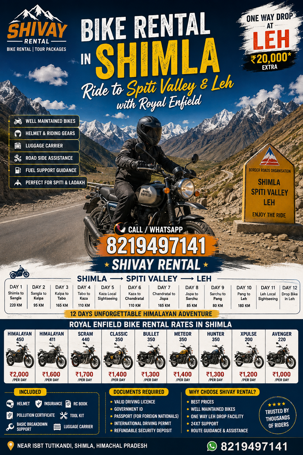 Royal Enfield Himalayan bike rental in Shimla with Leh drop service by Shivay Bike Rental for Spiti Valley, Kinnaur, Manali, and Leh Ladakh road trips.